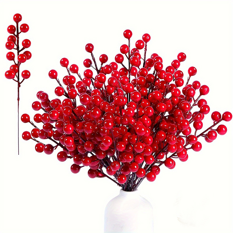 Florist Supply Bulk - 5/10/20 ชิ้น กิ่งเบอร์รี่สีแดงเทียม สำหรับตกแต่งคริสต์มาส วันหยุด กิ่งปลอมสำหรับทำพวงหรีด