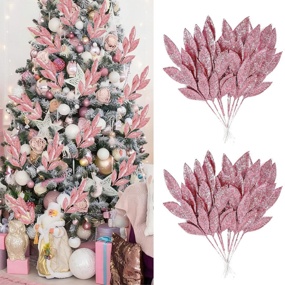 Florist Supply Bulk - 3/12 ชิ้น กิ่งใบประดับกลิตเตอร์สีชมพูสำหรับตกแต่งต้นคริสต์มาส พวงหรีด DIY ของตกแต่งโต๊ะงานแต่งงาน